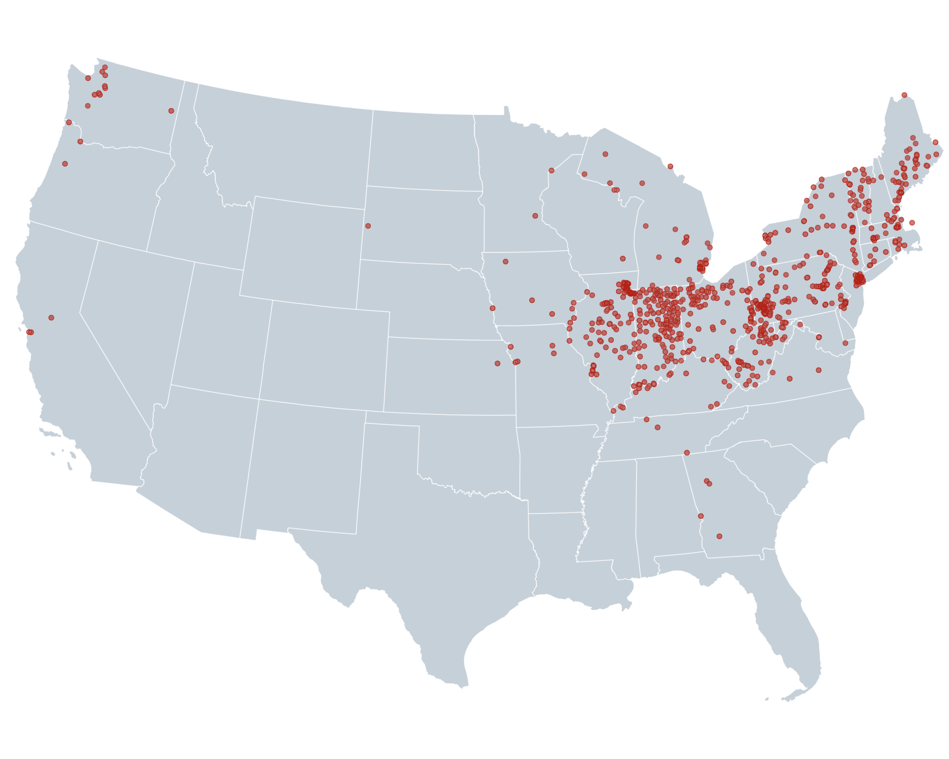 Locations of Combined Sewer Outflows (CSOs) across the United States. Not pictured: Three facilities in Alaska and twelve in Puerto Rico. National Pollution Discharge Elimination System, US EPA.