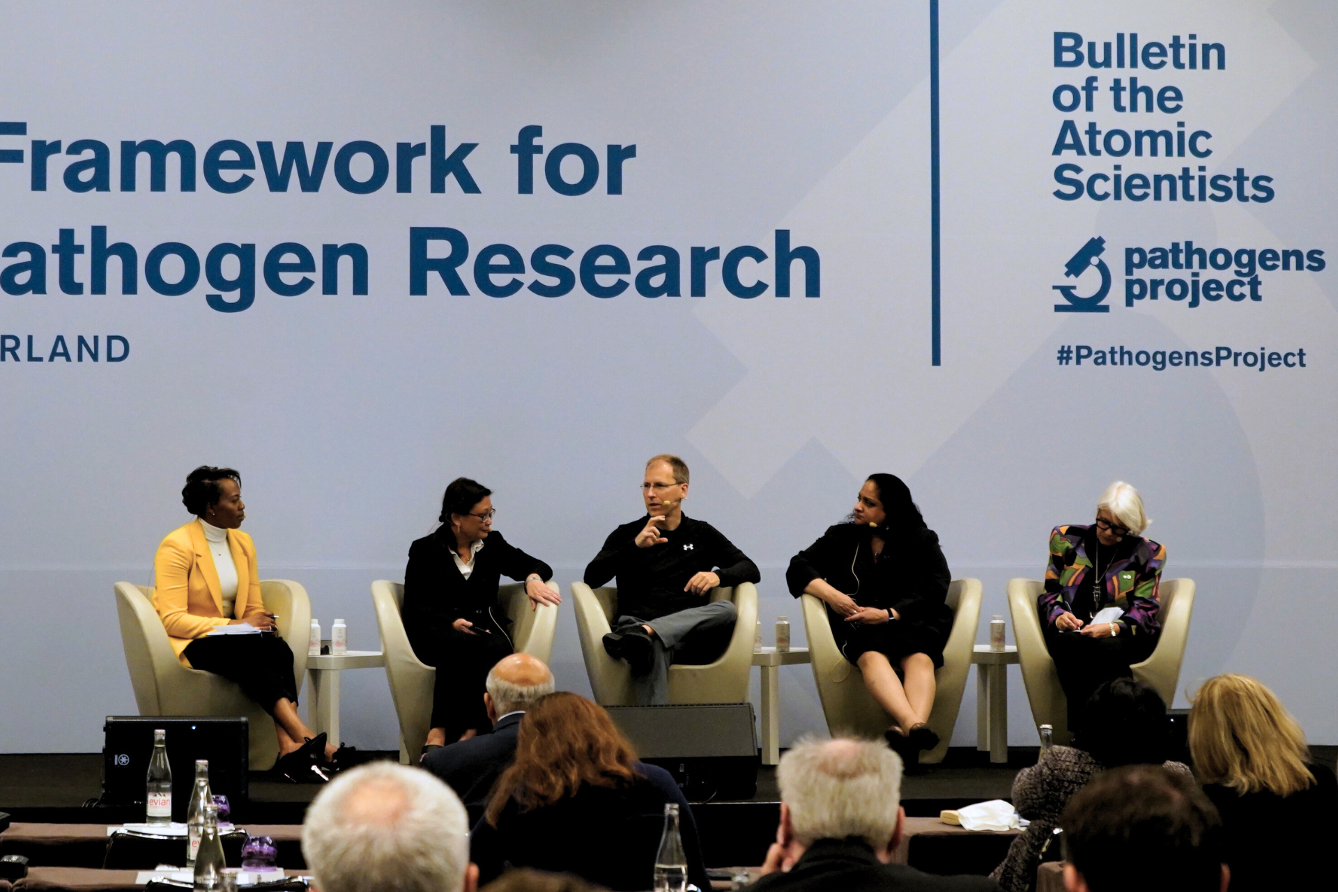 Members of the Science and Security Board join a panel of experts in virology and infectious disease to discuss how the biosecurity landscape is shifting at the Bulletin’s 2023 Pathogens Project Conference in Geneva, Switzerland. From left to right: Science and Security Board member Suzet McKinney, Director of the High-Level Isolation Unit at the National Centre for Infectious Disease Poh Lian Lim, Principal Scientist and Director of Virology at the NIH/NIAID/Integrated Research Facility Jens Kuhn, Science and Security Board member Asha George, and Distinguished Research Professor at Dalhousie University Françoise Baylis.