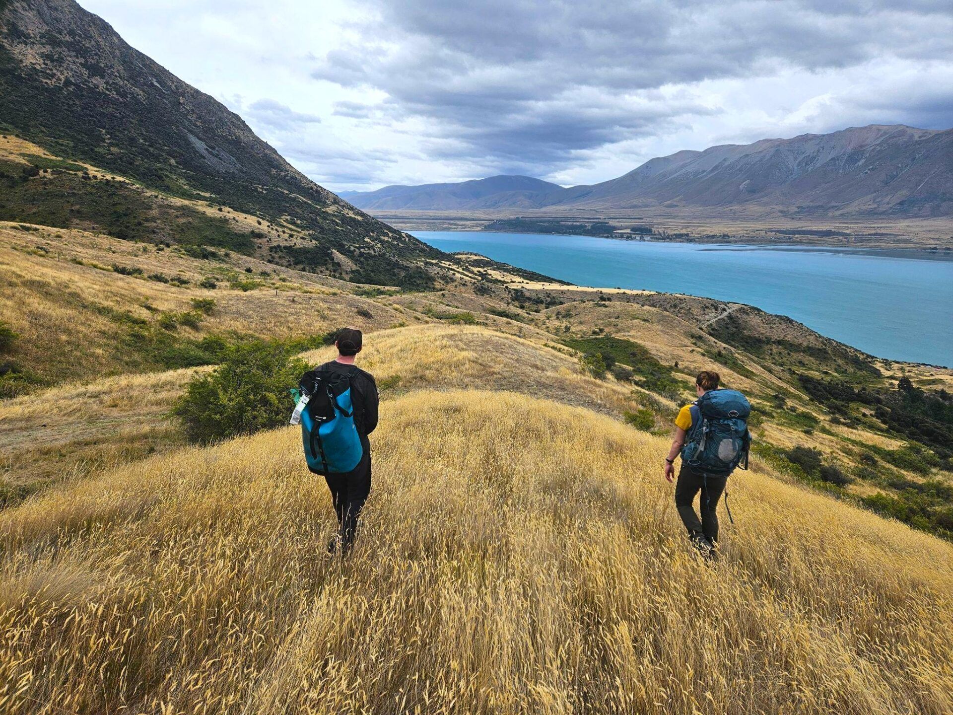 University of Maine associate professor Aaron Putnam and graduate student Tricia Collins scan the moraines of the Ruataniwha Conservation Park for boulders deposited from glaciers during the Last Glacial Period. (Louise Kim / Medill Reports)