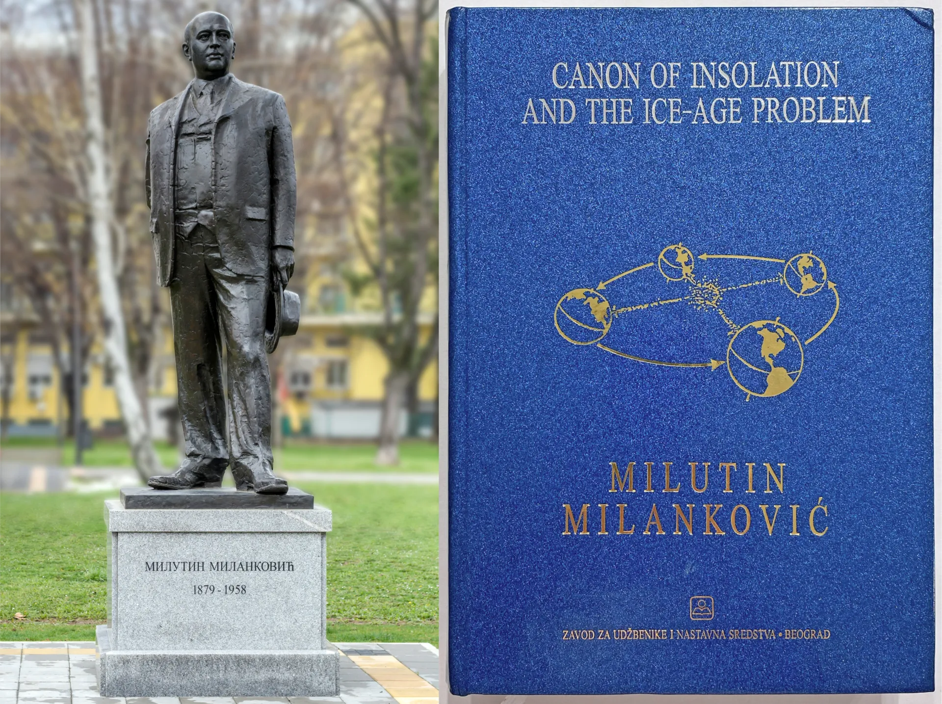 A monument to Milutin Milanković in his hometown of Belgrade, Serbia, and a translation of his seminal work on Earth's orbital cycles. (Statue photo by Bennian / <a href="https://depositphotos.com">Depositphotos</a>; Book cover via <a href="https://x.com/incunabula/status/1295465695271104513">@Incunabula</a>)