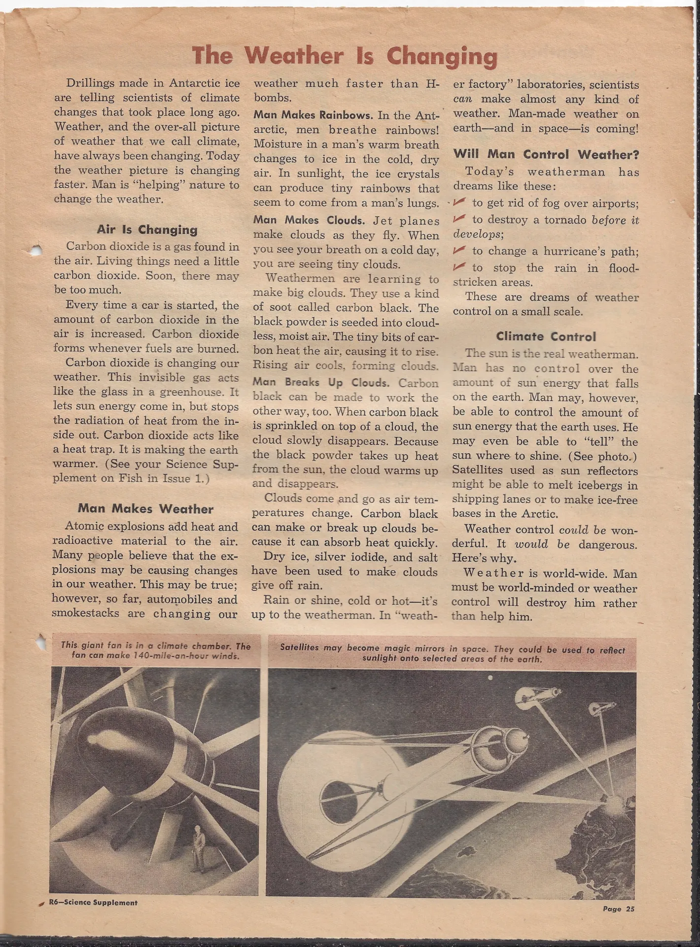 An article in an issue of the educational pamphlet "My Weekly Reader" from October 5, 1959, on the changing weather. It says, in part: "Carbon dioxide acts like a heat trap. It is making the earth warmer." (Image courtesy <a href="https://dreamsofspace.blogspot.com/2017/04/my-weekly-reader-oct-5-1959-weather-is.html">John Sisson</a>)