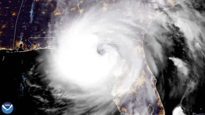 A National Oceanic and Atmospheric Administration satellite captured Hurricane Helene making landfall near Perry, Florida, just east of the Aucilla River's mouth on Sept. 26, 2024, at 11:10 p.m. EDT. With winds reaching 140 mph and storm surges estimated at as high as 15 feet, the Category 4 storm was among the most powerful to strike the United States.