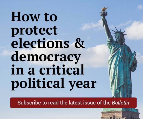 An image shows the Statue of Liberty beside text that reads, "September Issue. How to protect elections and democracy in a critical political year." A red button beside the text reads, “Subscribe to read the latest issue of the Bulletin.”