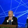 US President Joe Biden (L) and California Governor Gavin Newsom at an event discussing the opportunities and risks of artificial intelligence at the Fairmont Hotel in San Francisco, California in June 2023. (Photo by ANDREW CABALLERO-REYNOLDS/AFP via Getty Images)