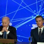 US President Joe Biden (L) and California Governor Gavin Newsom at an event discussing the opportunities and risks of artificial intelligence at the Fairmont Hotel in San Francisco, California in June 2023. (Photo by ANDREW CABALLERO-REYNOLDS/AFP via Getty Images)