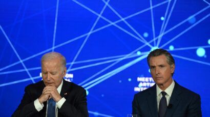 US President Joe Biden (L) and California Governor Gavin Newsom at an event discussing the opportunities and risks of artificial intelligence at the Fairmont Hotel in San Francisco, California in June 2023. (Photo by ANDREW CABALLERO-REYNOLDS/AFP via Getty Images)