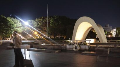 The cenotaph at the Peace Memorial Park in Hiroshima, western Japan, on October 11. Japan's leading organization of atomic bomb survivors, Nihon Hidankyo, won the 2024 Nobel Peace Prize the same day. (Photo by Kyodo News via Getty Images)