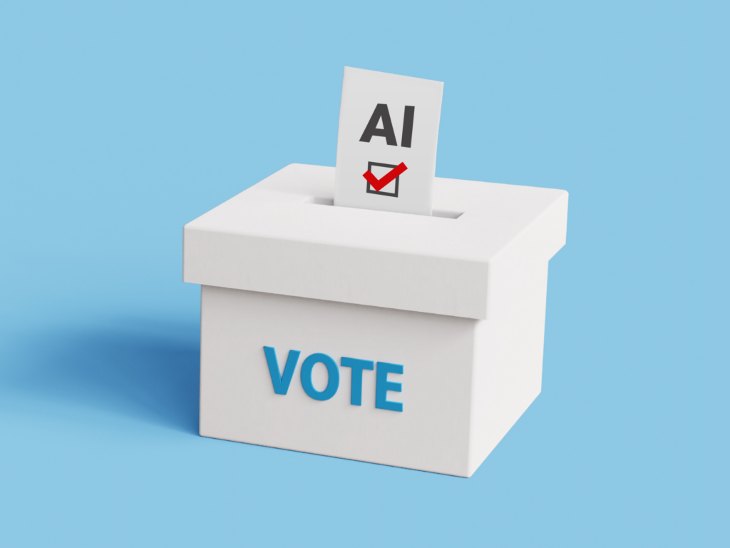 Ballot with the word AI written on it entering the polls.