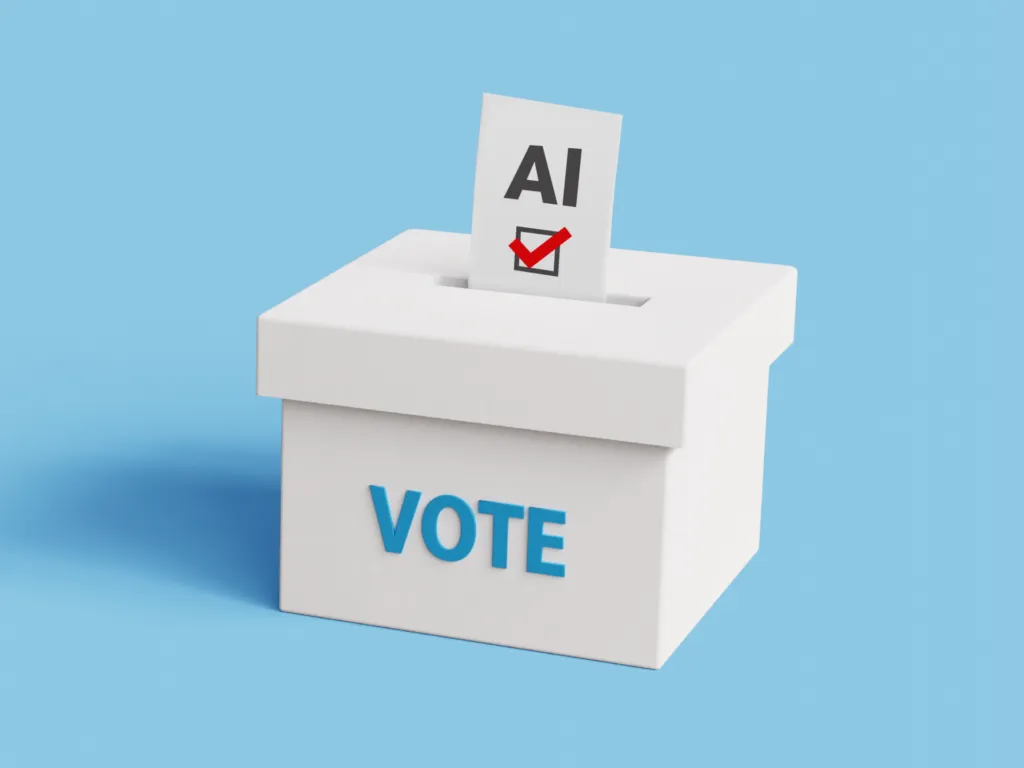 Ballot with the word AI written on it entering the polls.