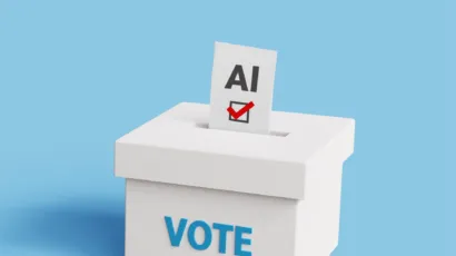 Ballot with word AI written on it going into ballot box.