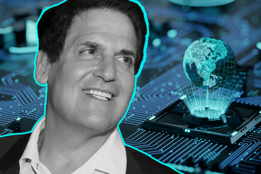 Mark Cuban with circuitry and a digital planet in background