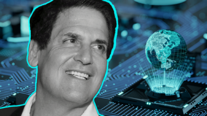 Mark Cuban with circuitry and a digital planet in background