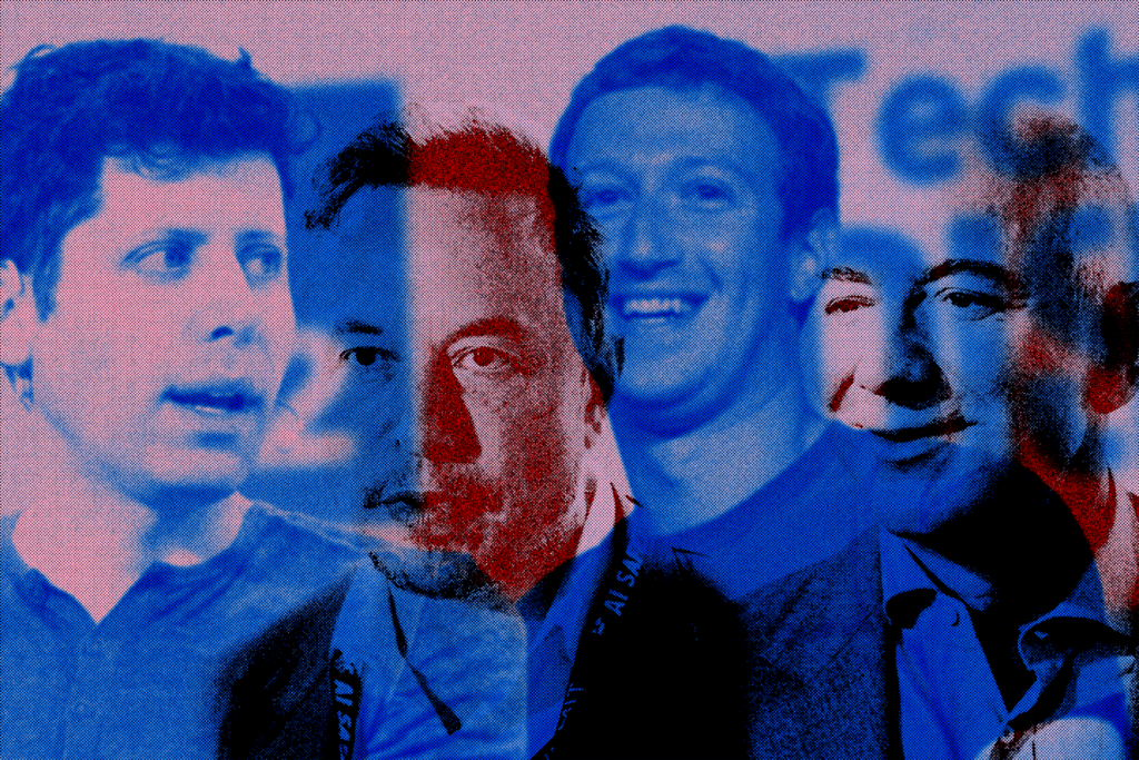 Collage of Sam Altman, Elon Musk, Mark Zuckerberg, and Jeff Bezos