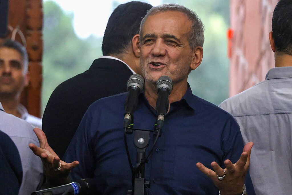 ranian President Masoud Pezeshkian speaks during a visit to the shrine of the Islamic Republic's founder Ayatollah Ruhollah Khomeini in Tehran on July 6, 2024. Pezeshkian, who advocates improved ties with the West, on July 6 won a runoff presidential election against ultraconservative Saeed Jalili, the interior ministry said. (Photo by ATTA KENARE / AFP via Getty Images)