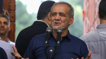 ranian President Masoud Pezeshkian speaks during a visit to the shrine of the Islamic Republic's founder Ayatollah Ruhollah Khomeini in Tehran on July 6, 2024. Pezeshkian, who advocates improved ties with the West, on July 6 won a runoff presidential election against ultraconservative Saeed Jalili, the interior ministry said. (Photo by ATTA KENARE / AFP via Getty Images)