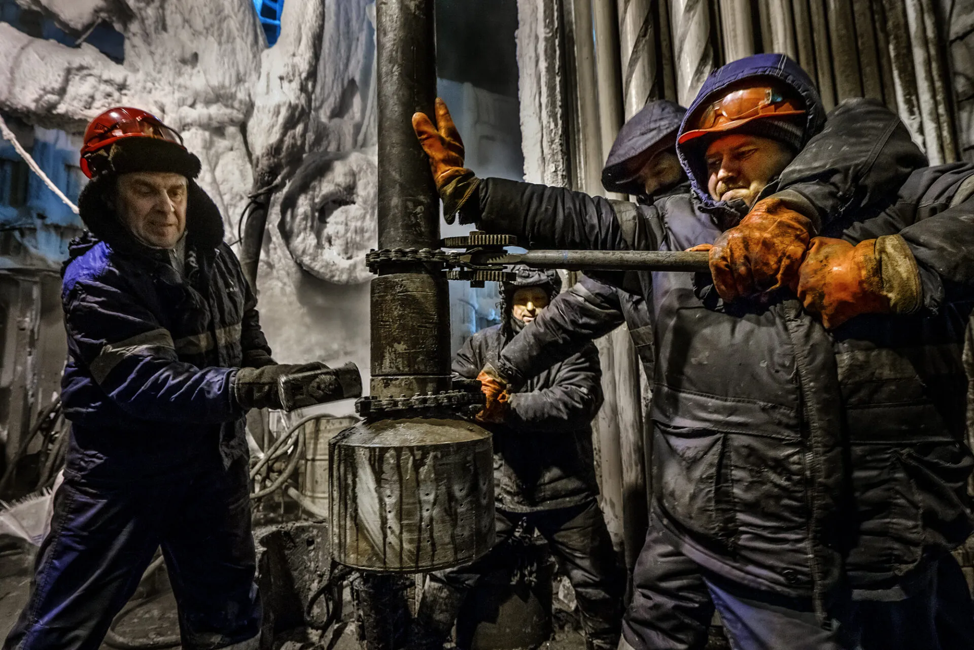 Workers drill for gas under the Russian Arctic permafronst at a site in Novy Urengoy, a city built by Gazprom in the 1980s in Siberia to extract Russia's biggest gas field. <span class="credit">Justin Jin</span>