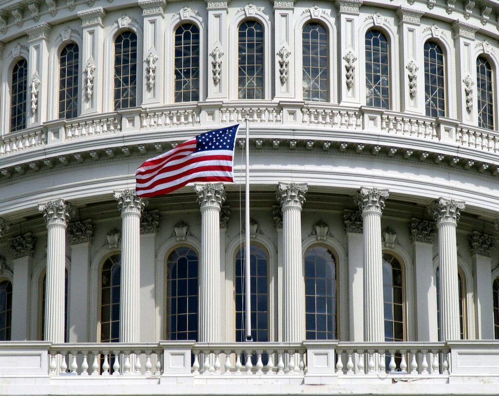 US Capitol with flag