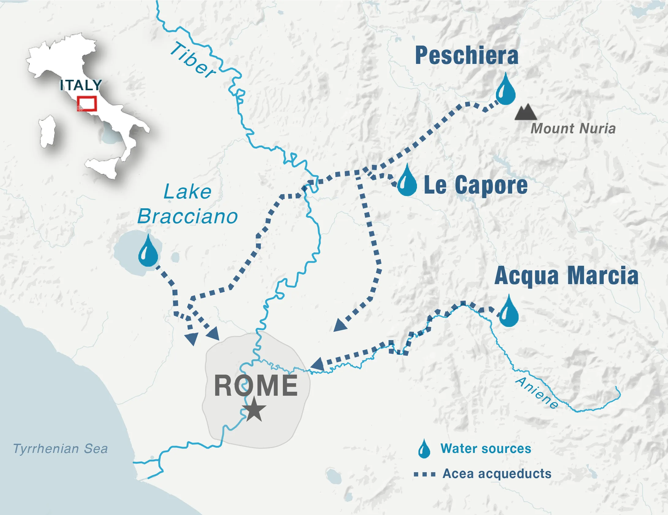 Map of aqueducts serving spring water to Rome. (Map by Thomas Gaulkin)