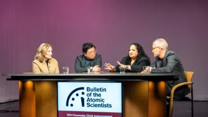 Asha M. George (second to right) speaks at the 2024 Doomsday Clock Announcement alongside, from left to right, Bulletin President and CEO Rachel Bronson and fellow Science and Security Board members Herbert Lin and Alexander Glaser. (Photo: Jamie Christiani).