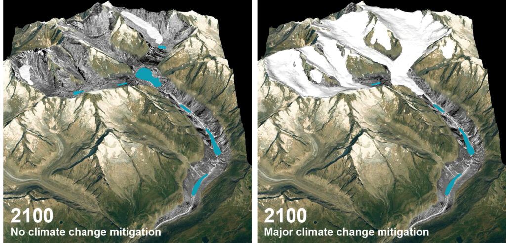 glacier with and without efforts to rein in climate change