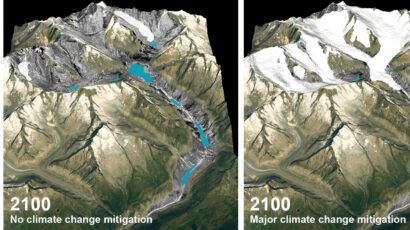 glacier with and without efforts to rein in climate change