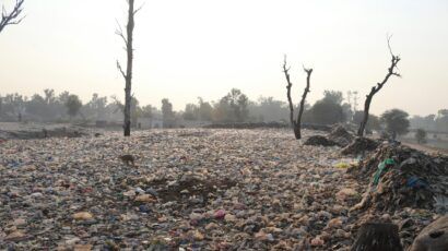 Plastic litters the ground and there are a few bare trees