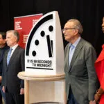 Members of the Bulletin of the Atomic Scientists’ Science and Security Board and Juan Manuel Santos, chair of The Elders and former president of Colombia, announce the setting of the Doomsday Clock on January 28, 2025 at the United States Institute of Peace in Washington, D.C. It is now 89 seconds to midnight. Left to right: Daniel Holz, Herb Lin, Juan Manuel Santos, Robert Socolow, and Suzet McKinney. (Photo by Jamie Christiani/Bulletin of the Atomic Scientists)