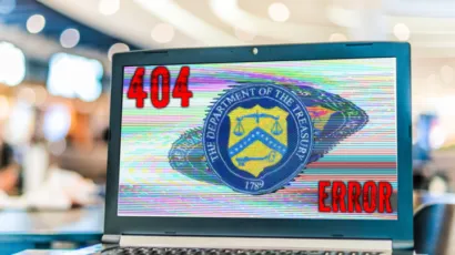 Laptop open to Department of the Treasury page with 404 error