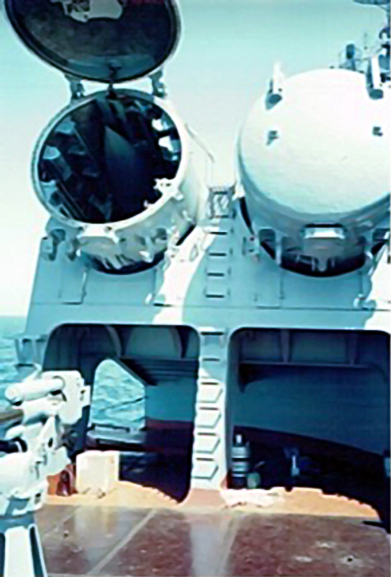 Black Sea Experiment, July 1989. Launcher opened to show the tip of the supersonic nuclear-armed cruise missile within.