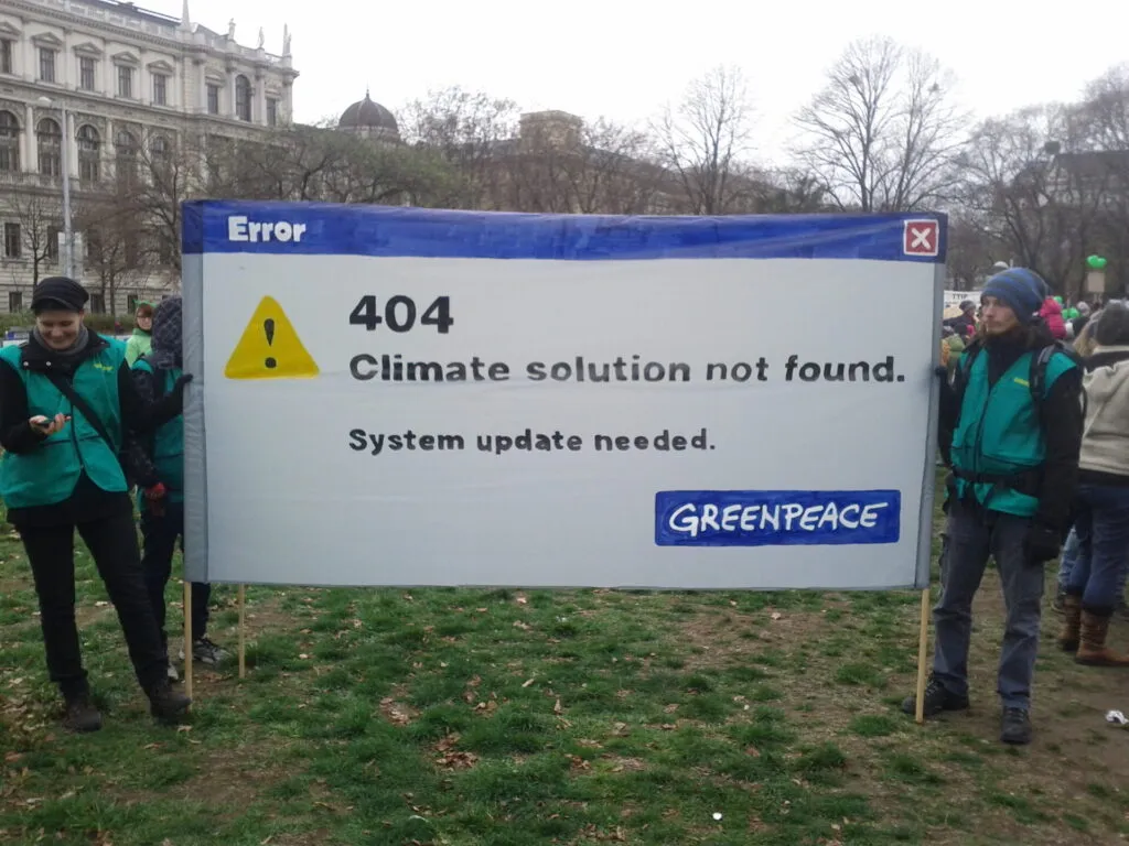 Sign that reads 404: Climate solutions not found