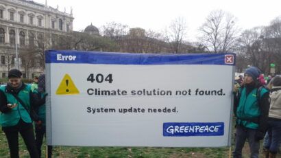 Sign that reads 404: Climate solutions not found