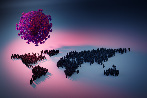 A giant virus particle hovers over groups of people standing in the shape of the world's continents.