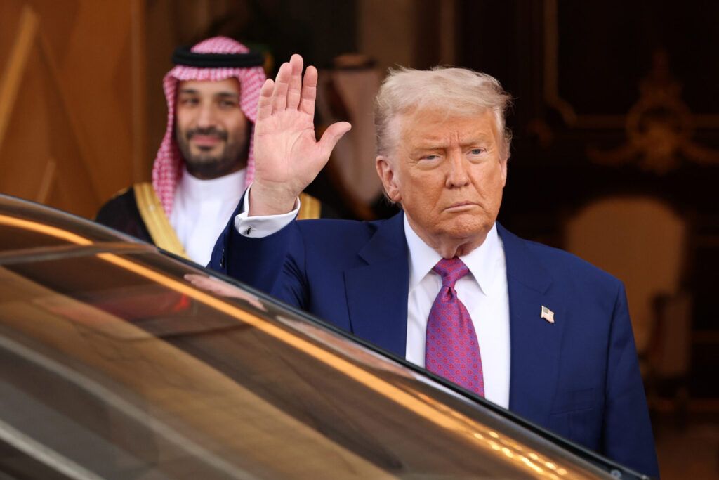 US President Donald Trump leaves the Saudi Royal Court with Saudi Crown Prince Mohammed bin Salman Tuesda, in Riyadh, Saudi Arabia. Trump begins a multi-nation tour of the Gulf region focused on expanding economic ties and reinforcing security cooperation with US allies. (Photo by Win McNamee/Getty Images)