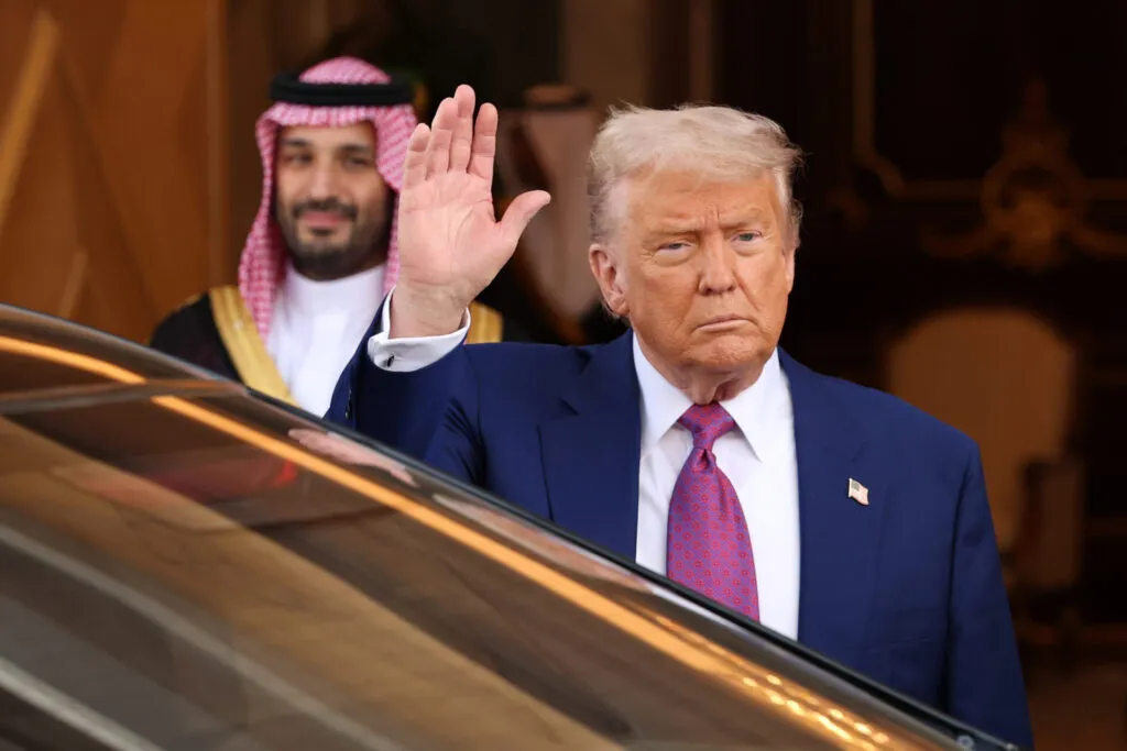 US President Donald Trump leaves the Saudi Royal Court with Saudi Crown Prince Mohammed bin Salman Tuesda, in Riyadh, Saudi Arabia. Trump begins a multi-nation tour of the Gulf region focused on expanding economic ties and reinforcing security cooperation with US allies. (Photo by Win McNamee/Getty Images)