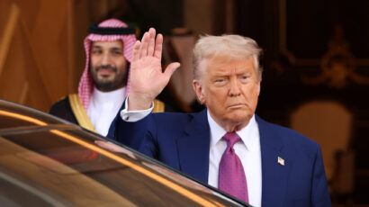 US President Donald Trump leaves the Saudi Royal Court with Saudi Crown Prince Mohammed bin Salman Tuesda, in Riyadh, Saudi Arabia. Trump begins a multi-nation tour of the Gulf region focused on expanding economic ties and reinforcing security cooperation with US allies. (Photo by Win McNamee/Getty Images)