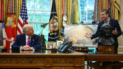 US President Donald Trump listens to US Secretary of Defense Pete Hegseth speak about the Golden Dome missile defense shield in the Oval Office on May 20. (Photo by JIM WATSON/AFP via Getty Images)