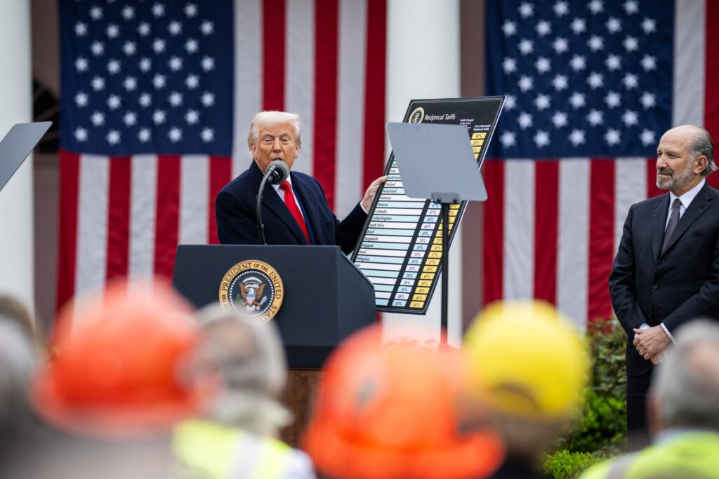 President Donald Trump signs an Executive Order on the Administration’s tariff plans at a “Make America Wealthy Again” event, Wednesday, April 2, 2025, in the White House Rose Garden.