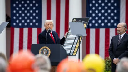 President Donald Trump signs an Executive Order on the Administration’s tariff plans at a “Make America Wealthy Again” event, Wednesday, April 2, 2025, in the White House Rose Garden.