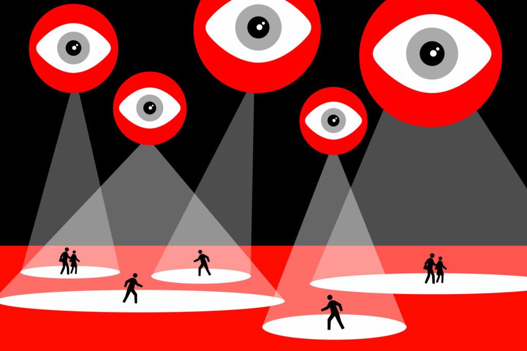 Illustration of eyes looking at persons who are under spotlights