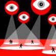 Illustration of eyes looking at persons who are under spotlights