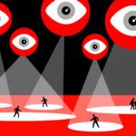 Illustration of eyes looking at persons who are under spotlights