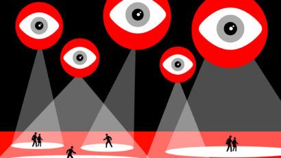 Illustration of eyes looking at persons who are under spotlights