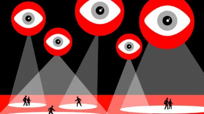 Illustration of eyes looking at persons who are under spotlights