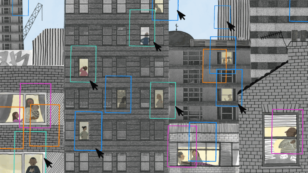 Illustration of a building with people in windows and outlined in rectangles.