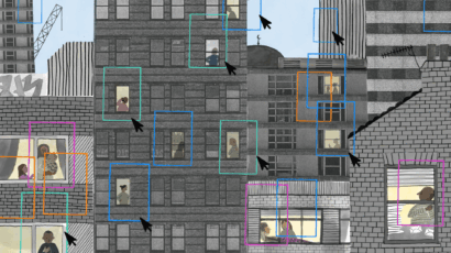 Illustration of a building with people in windows and outlined in rectangles.