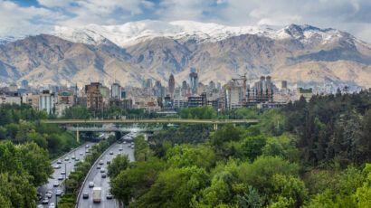 View of Modares highway and Alborz mountain range in Tehran, Iran