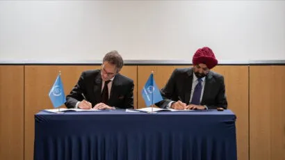 World Bank Group President Ajay Banga and IAEA Director Rafael Mariano Grossi sign a partnership agreement to support the safe, secure, and responsible use of nuclear energy in developing countries, during their meeting in Paris, France, in June 2025. Martin Amaldo / World Bank