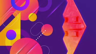 Abstract digital artwork featuring colorful geometric shapes on the left and a stylized red-orange aircraft on the right, set against a purple background.