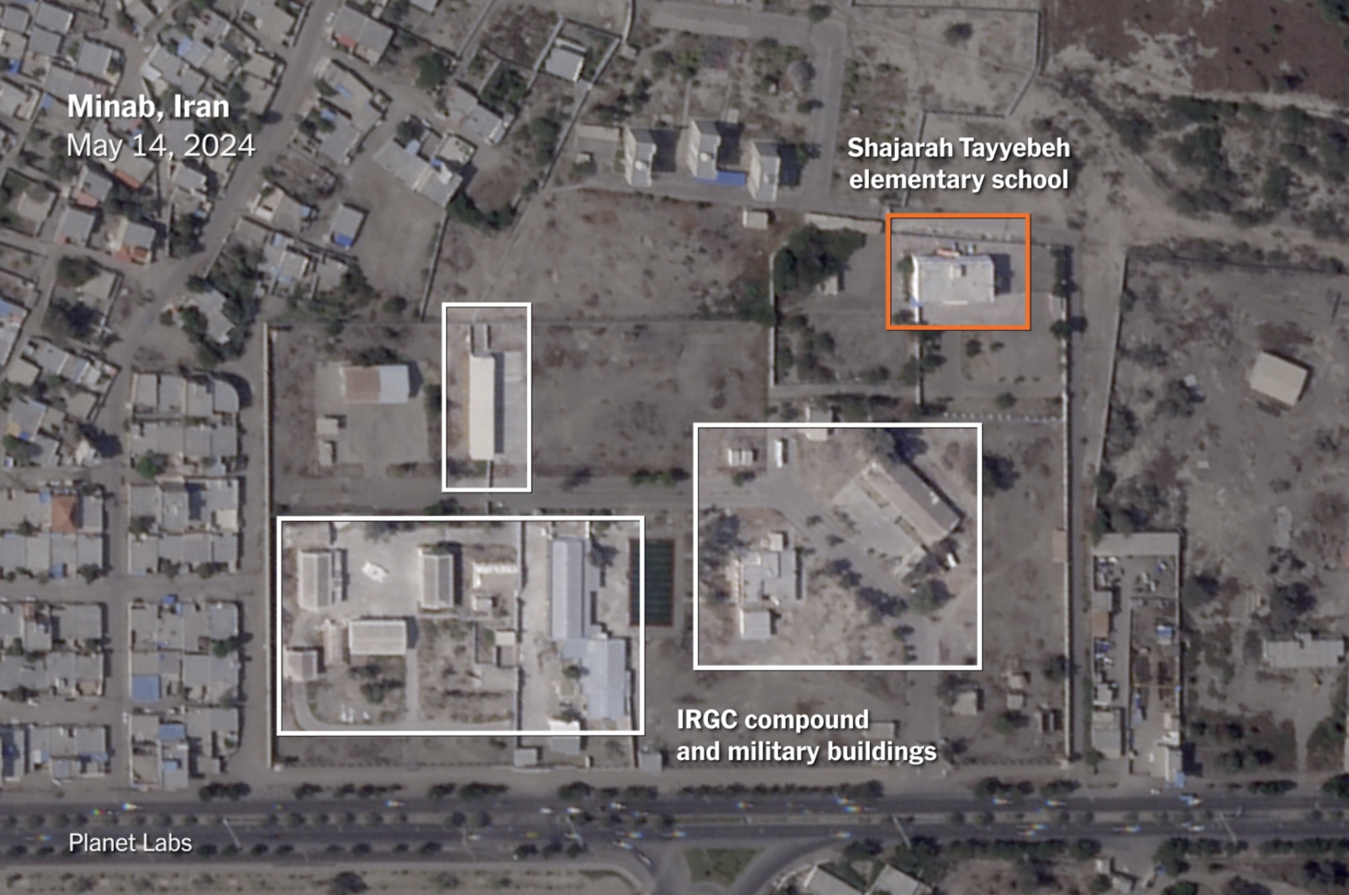 Satellite image showing the Shajarah Tayyebeh elementary school and an IRGC compound