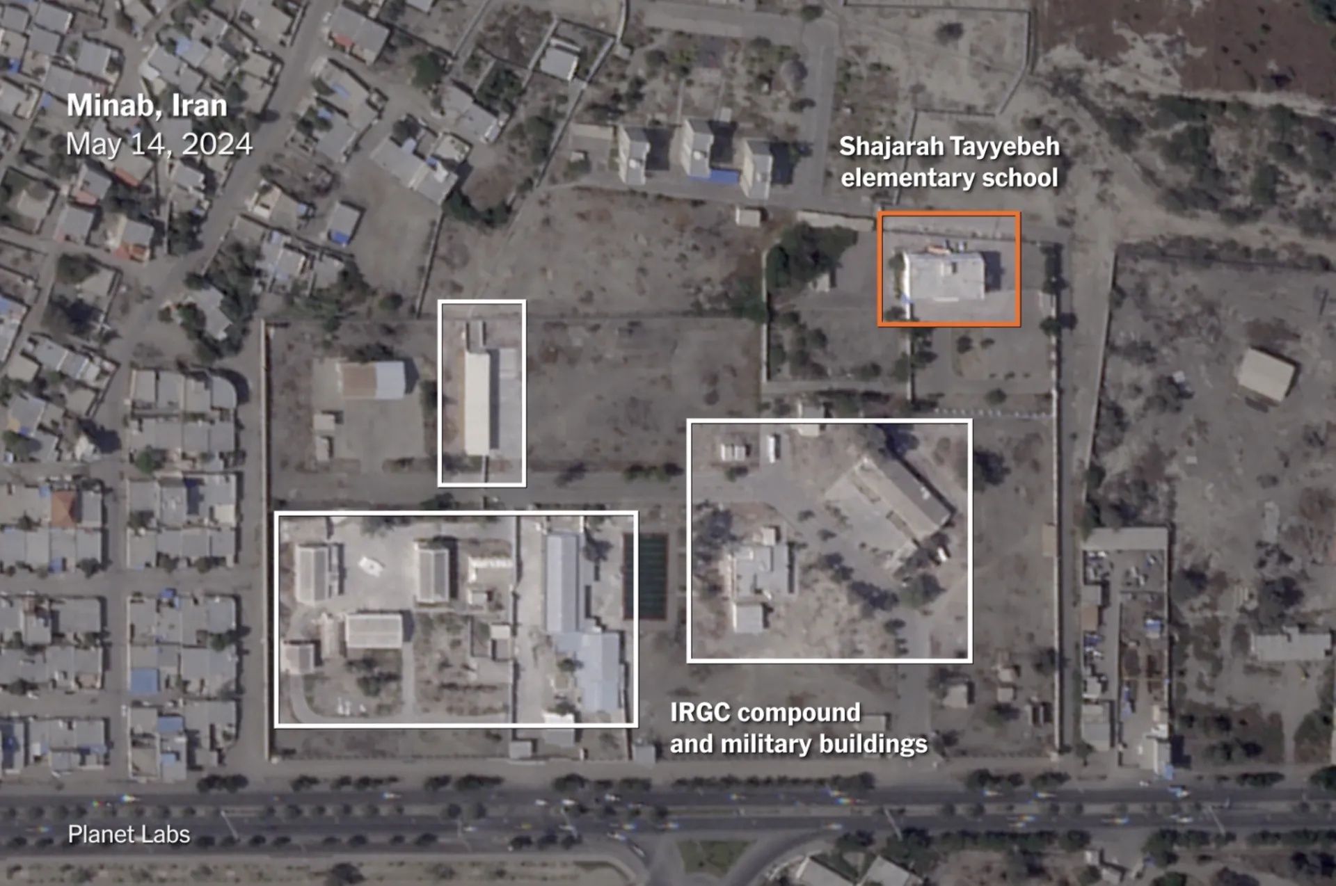 Satellite image showing the Shajarah Tayyebeh elementary school and an IRGC compound